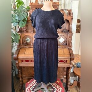 Vintage Retro 80s Black Textured Midi Dress Size Medium